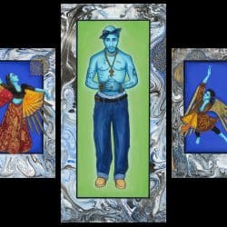 Exodus #8 "Tupac & Company" Triptych paintings: Gouache & gold leaf on matt board on wood panel. Size: 56" x 36" Silk/canvas banner Size: 104" x 84" 2017