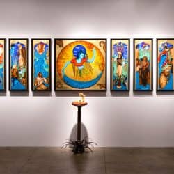 Exodus Installation: "Exodus: I see myself in you" Medium: Gouache, acrylic and gold leaf on wood panel Size with frames: 3.5 feet tall x 10 feet wide Size with sculpture: 6.5 ft x 10 ft 2016