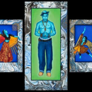 Exodus #8 "Tupac & Company" Triptych paintings: Gouache & gold leaf on matt board on wood panel. Size: 56" x 36" Silk/canvas banner Size: 104" x 84" 2017